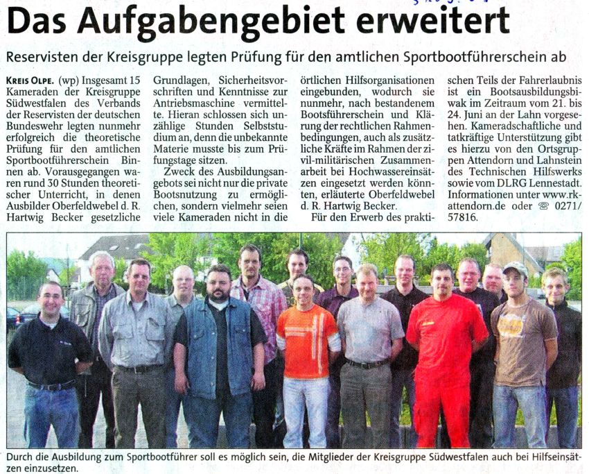Ausschnitt aus der Westfalenpost vom 31.05.2007