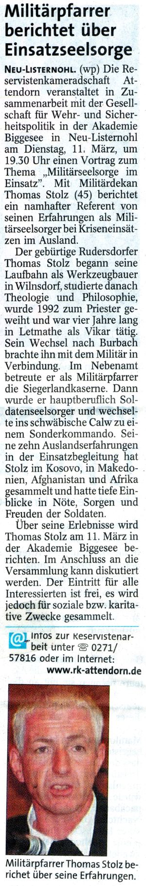 Ausschnitt aus der Westfalenpost vom 10.03.2008
